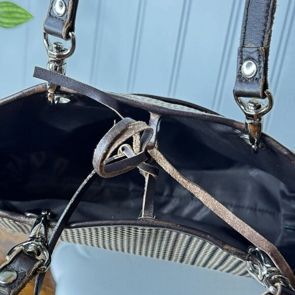 Vintage Ralph Lauren Houndstooth Tan Brown Leather Tote Shoulder Bag RLL Y2K - Picture 13 of 16